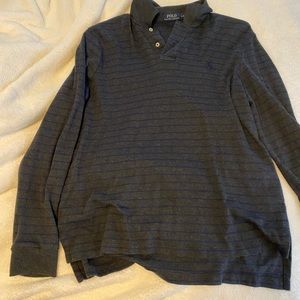 Long sleeve Polo striped gray with blue stripes.